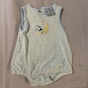 Three SistersStriped Baby Bubble Romper with Moon & Cow